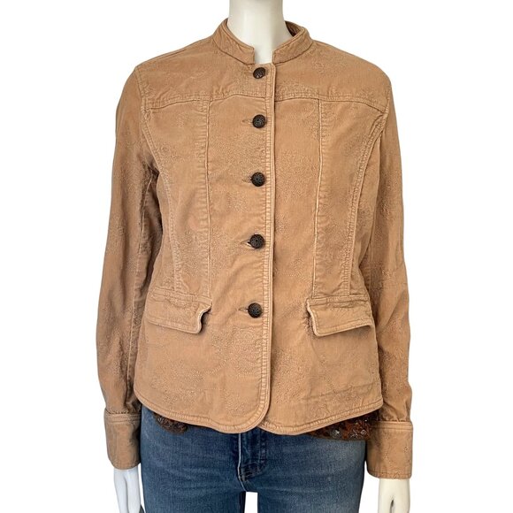 Vintage Y2K Tan Corduroy Jacket Tonal Floral Embroidered Medium Boho Cottagecore - Picture 3 of 13